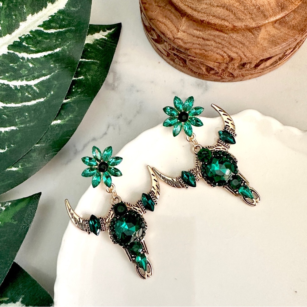 2/$30🌵 Bull Head Skull Rhinestone Earrings Acrylic Western Crystal Rodeo Cowgirl